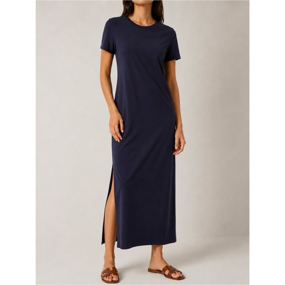 Theory Cherryal Jersey Travel Maxi Dress Plum Purple Navy Short Sleeve Sz Medium